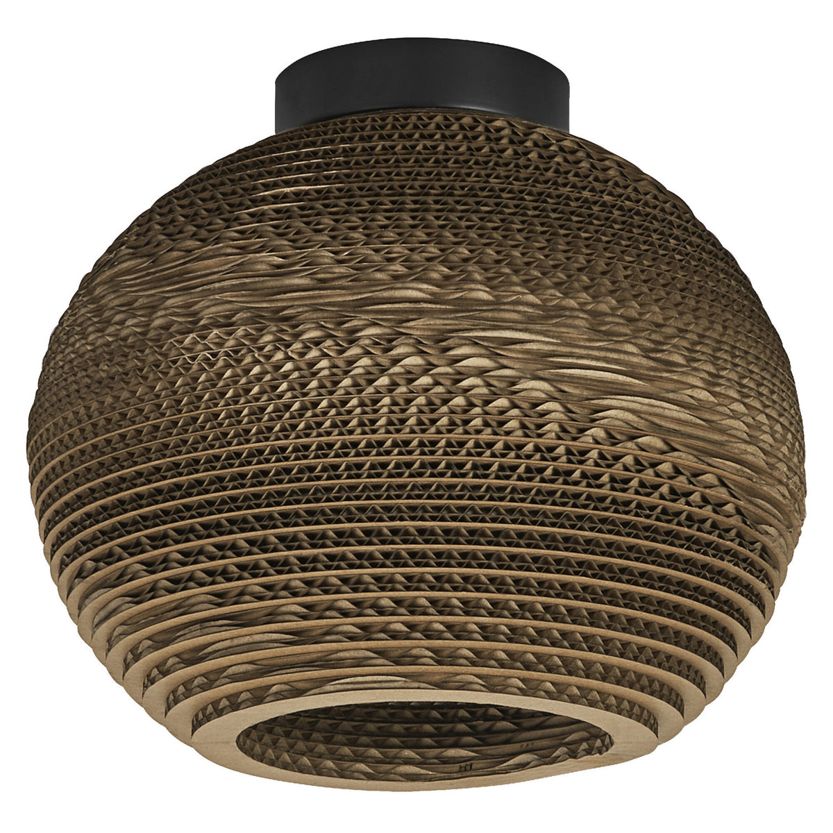 Plafonnier boule en carton marron vu de face sur fond blanc.