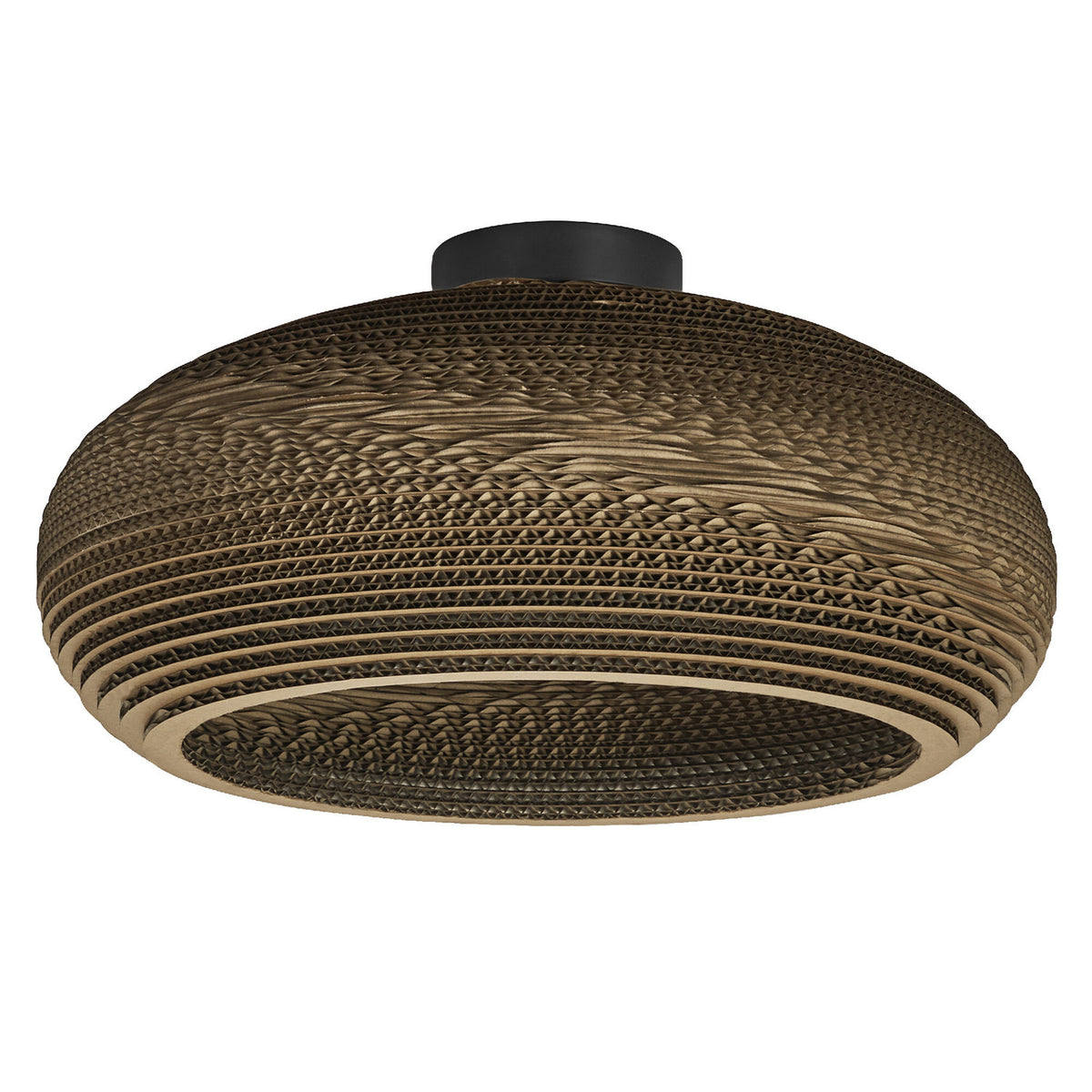 Plafonnier rond en carton ondulé marron, vue de face sur fond blanc.
