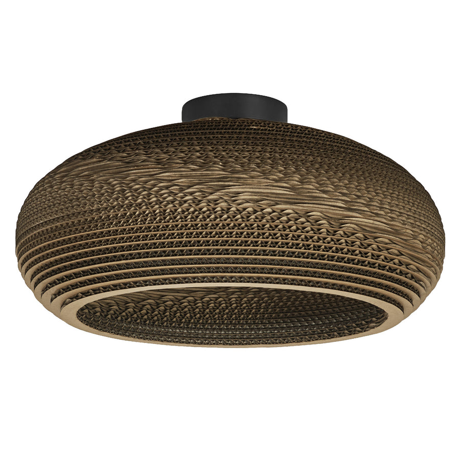 Plafonnier rond en carton ondulé marron, vue de face sur fond blanc.