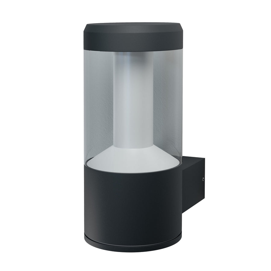 Luminaire mural cylindrique anthracite avec verre transparent, montré de trois quarts sur fond blanc.