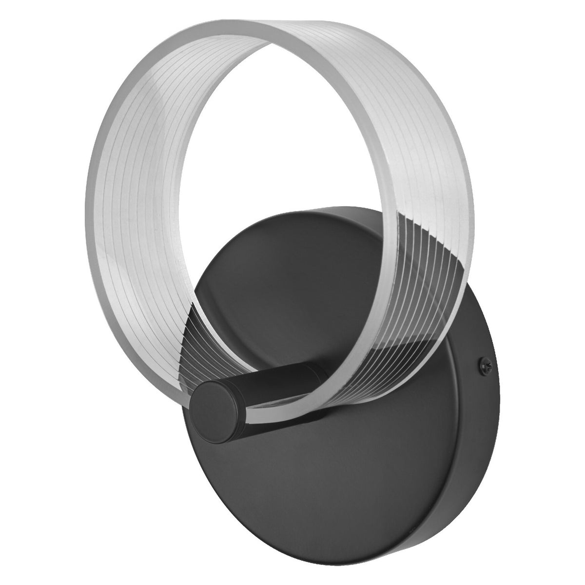 Applique murale noire de face, anneau strié transparent et socle rond.