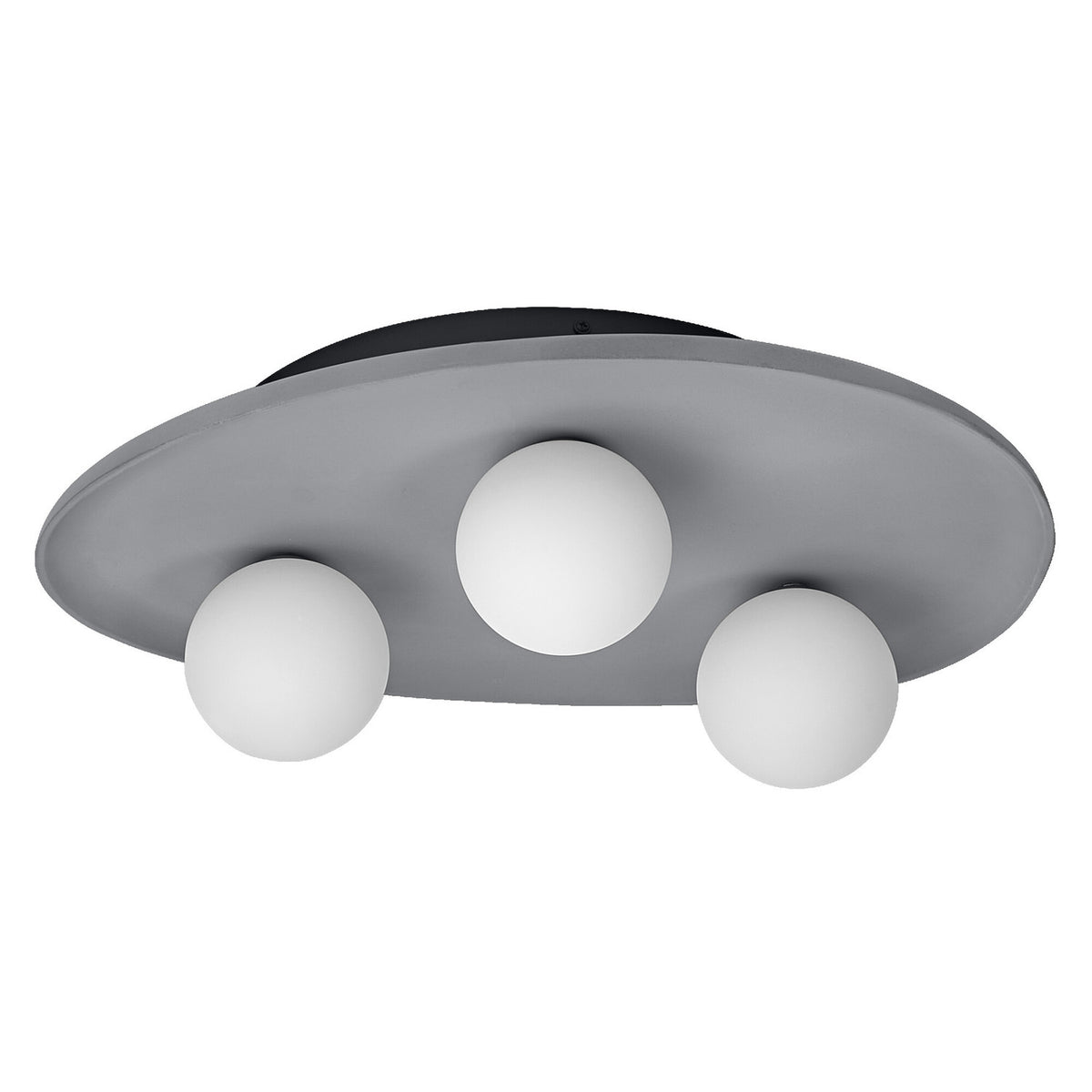 Plafonnier en béton gris vu de face, équipé de trois globes opale.