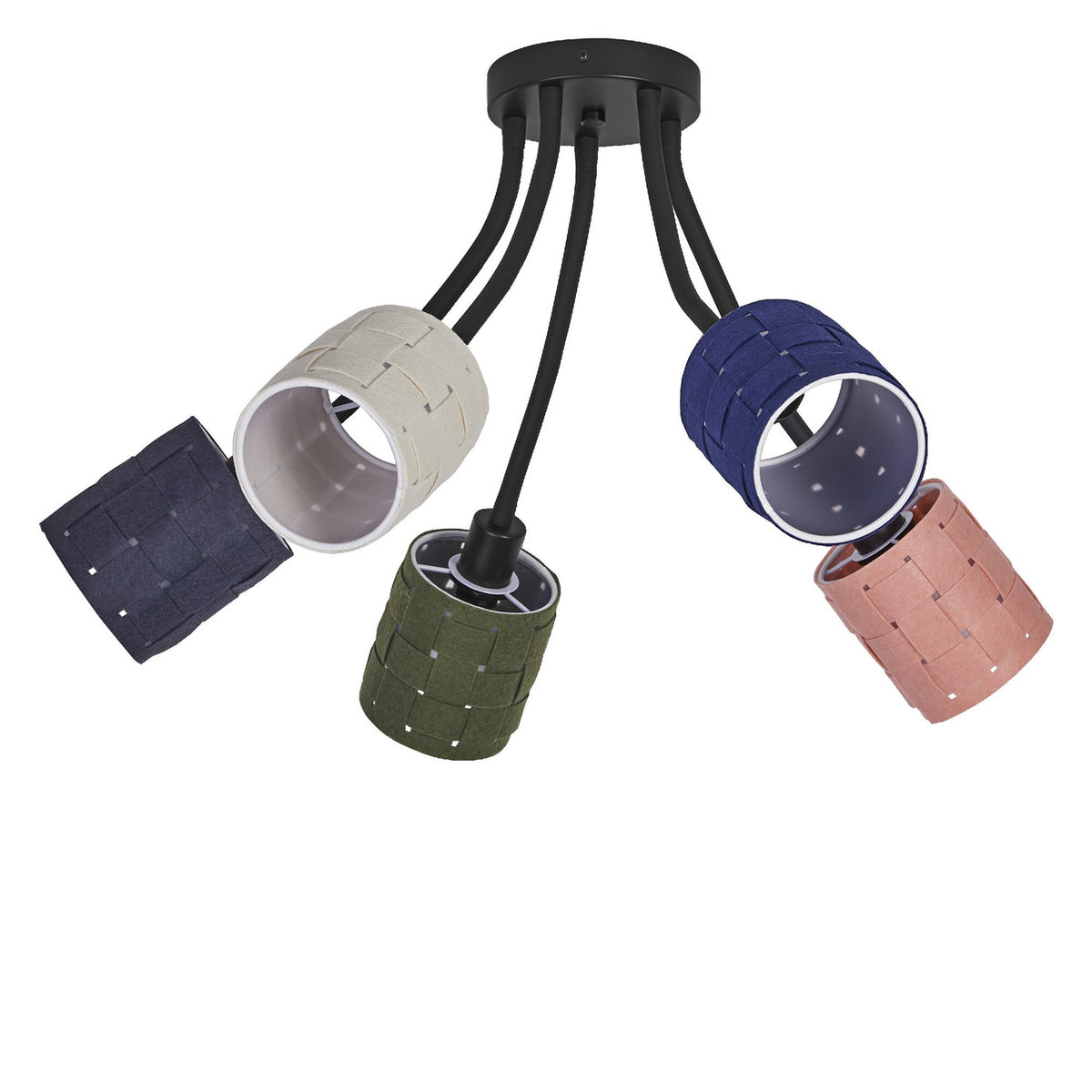 Plafonnier noir à cinq bras courbés et abat-jours cylindriques en feutre multicolore.