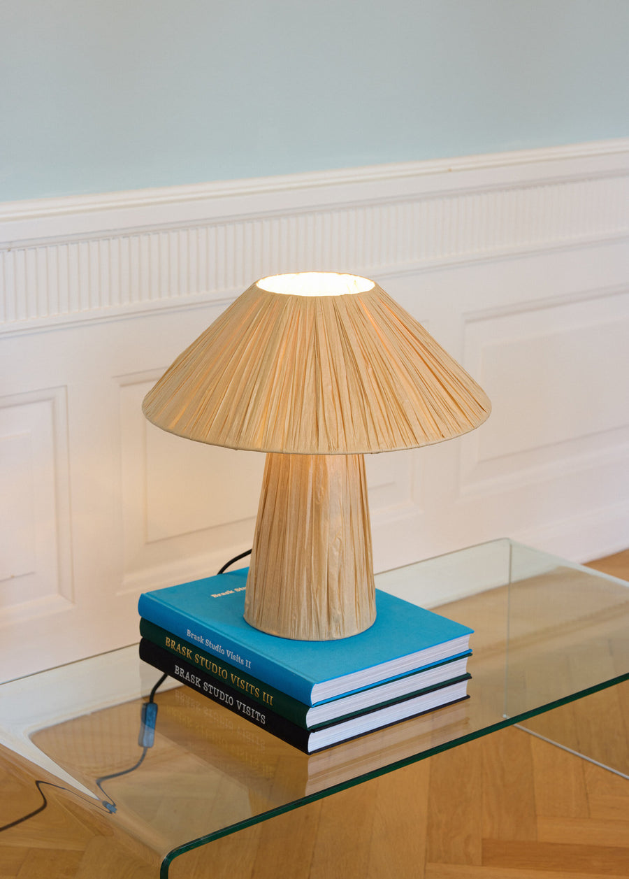 Lampe à poser allumée posée sur des livres, table en verre, mur blanc.