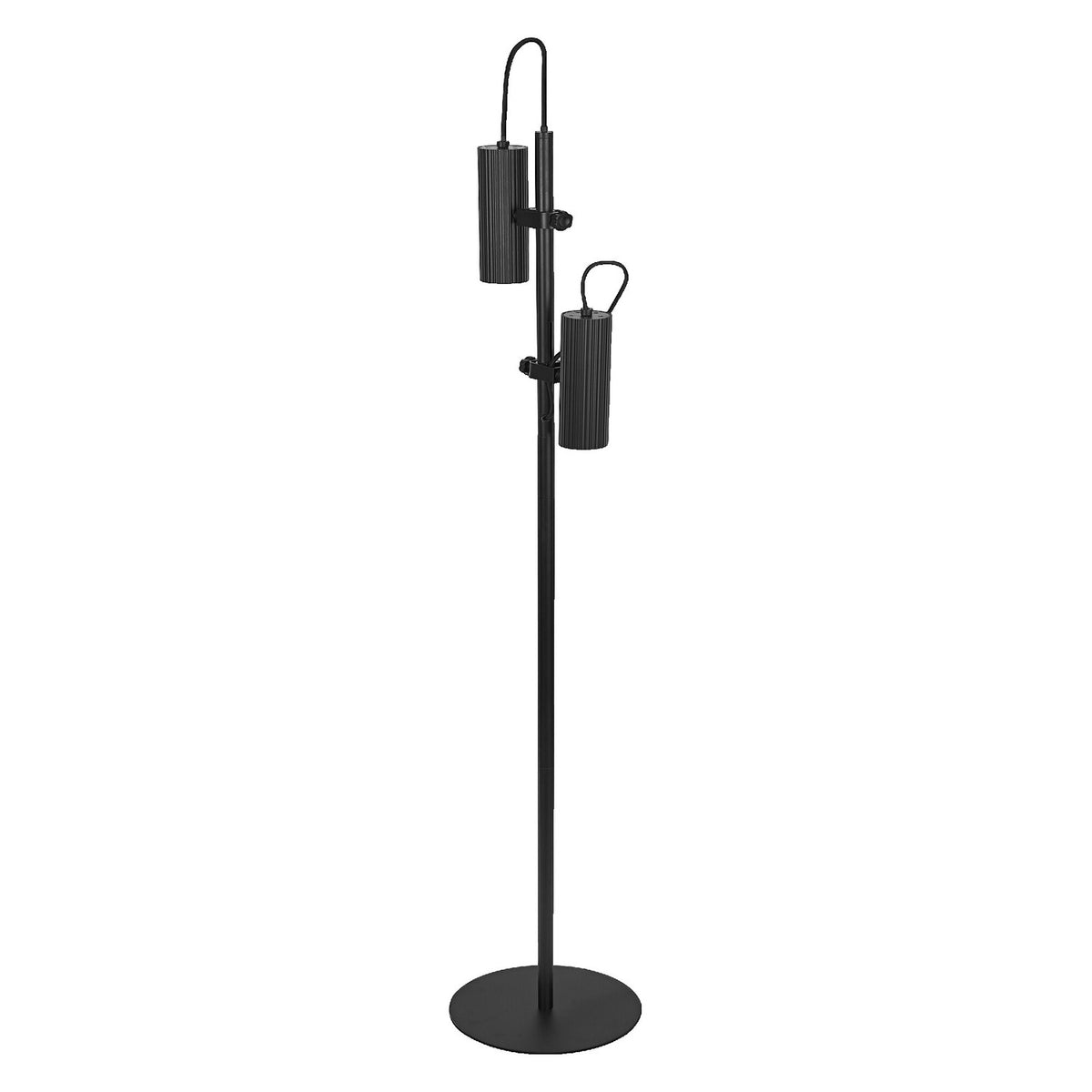 Lampadaire noir à deux cylindres striés orientables sur mât fin et base ronde.