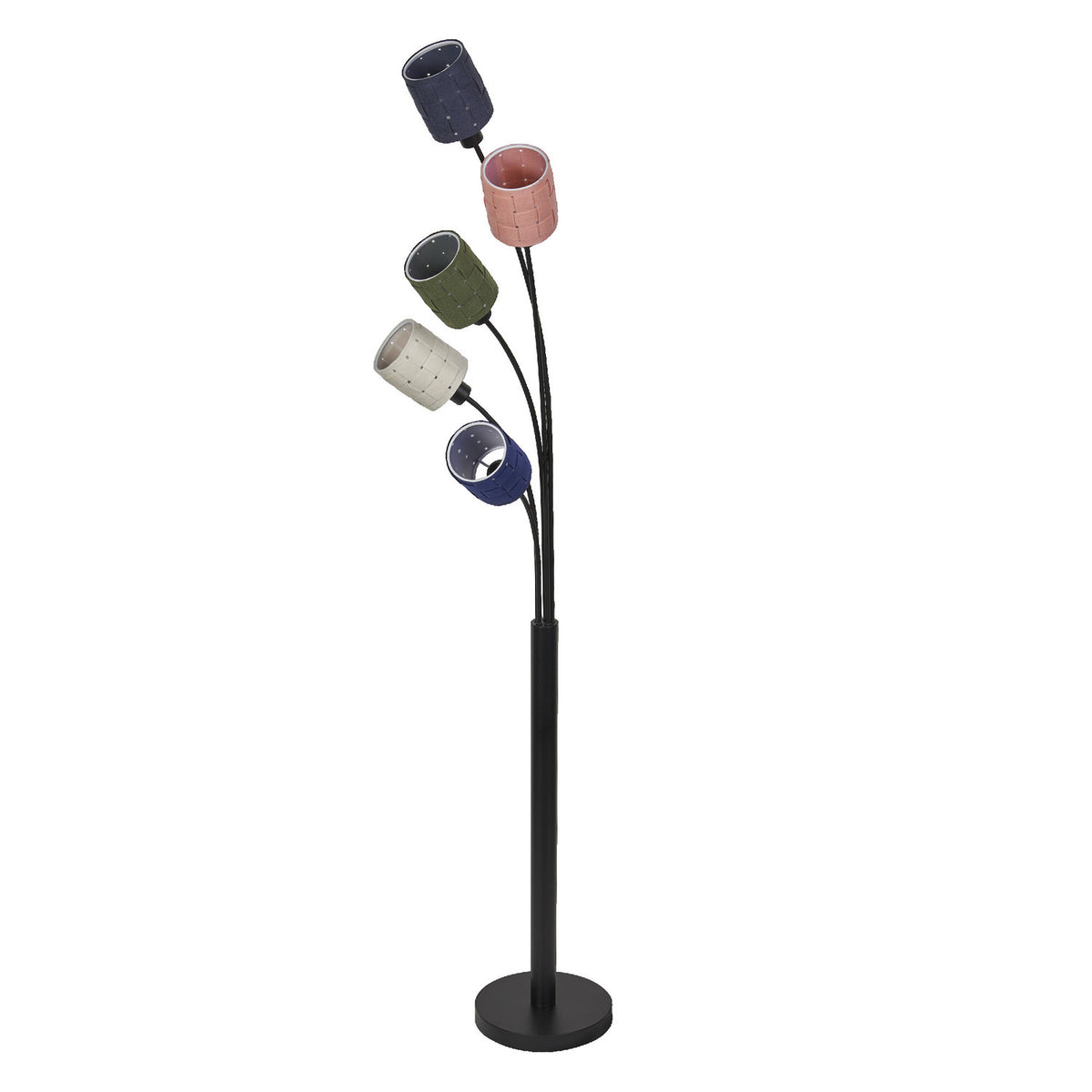 Lampadaire noir à cinq abat-jours cylindriques multicolores en feutre tressé, sur fond blanc.