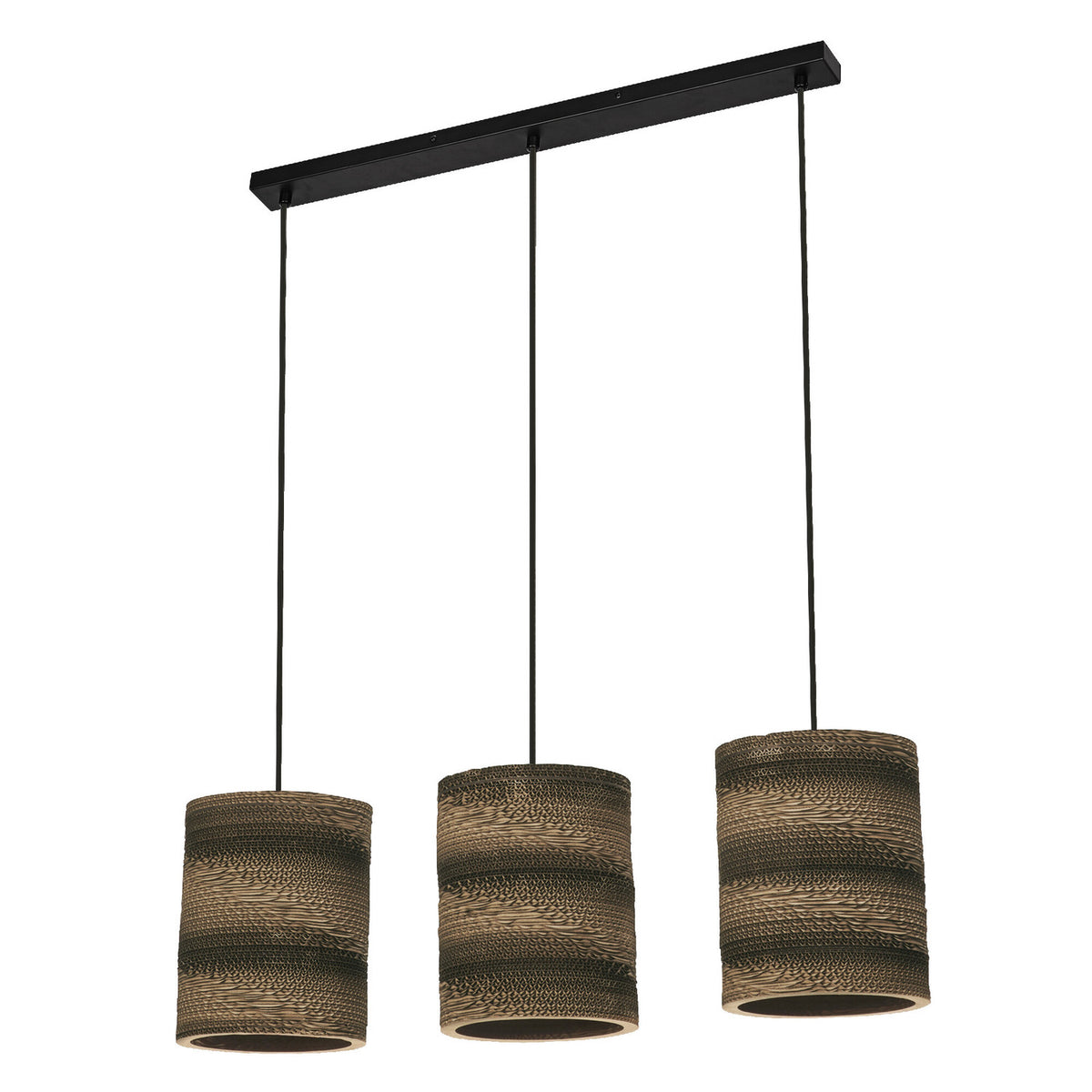 Suspension à trois cylindres en carton marron sur barre noire, vue produit de face.