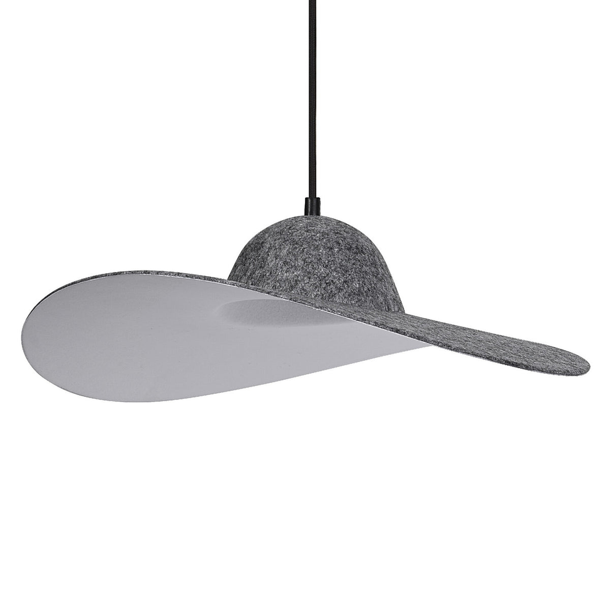 Vue de profil de la suspension en feutre anthracite avec large abat-jour en forme de chapeau.