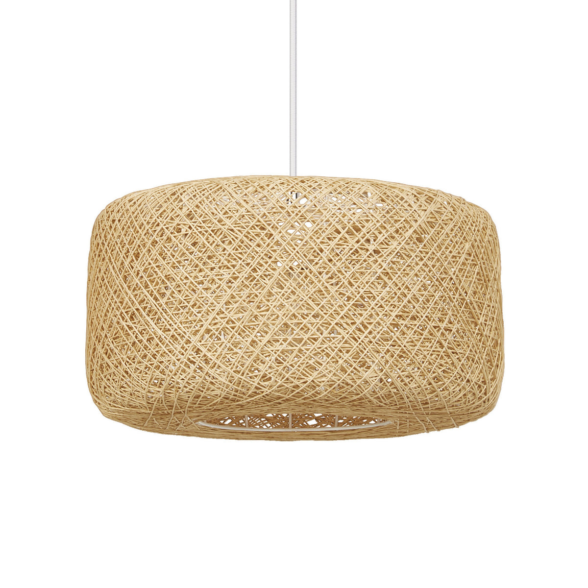 Suspension beige en papier tressé, vue de face sur fond blanc.