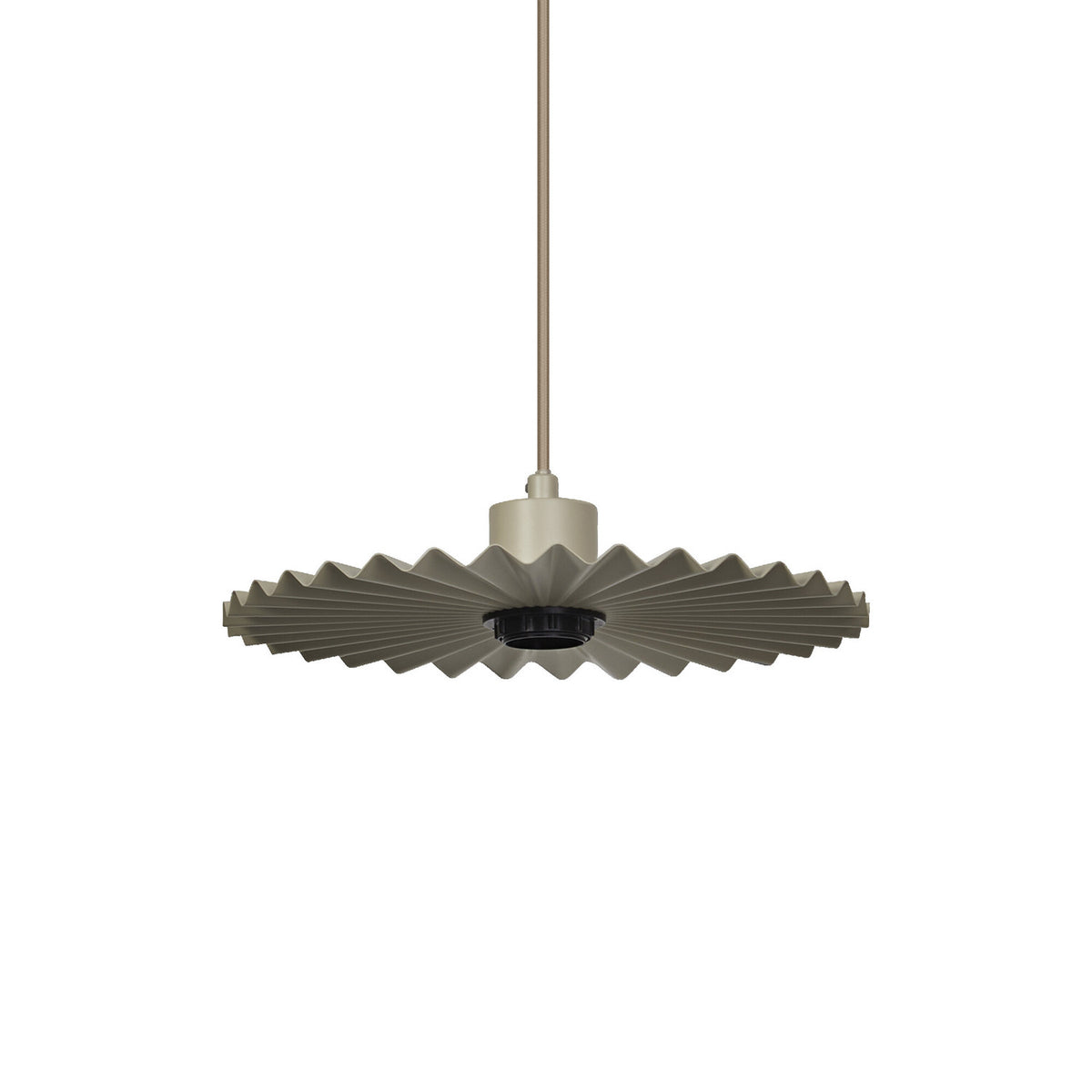 Suspension beige plissée vue de face sur fond blanc, abat-jour rond en accordéon.