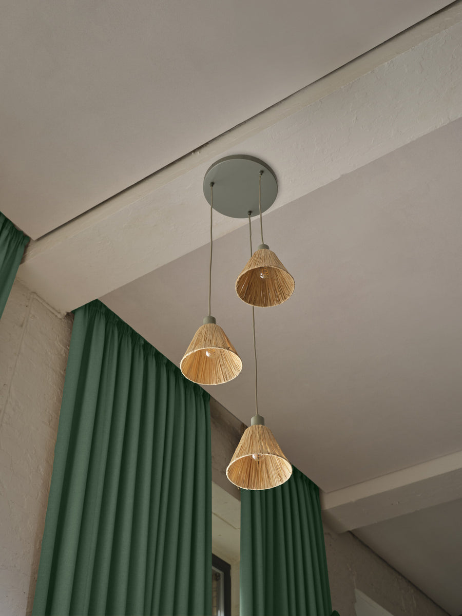 Suspension Raffia verte et marron, 3 lumières, sur rosace