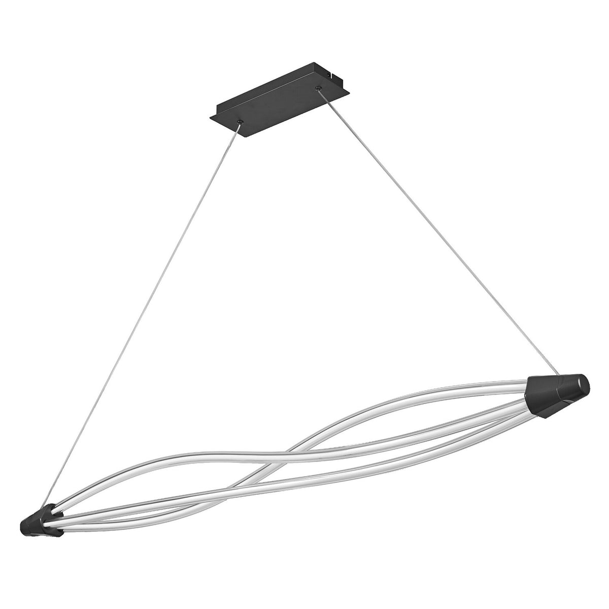 Suspension anthracite sur fond blanc, tubes LED torsadés et câbles fins.
