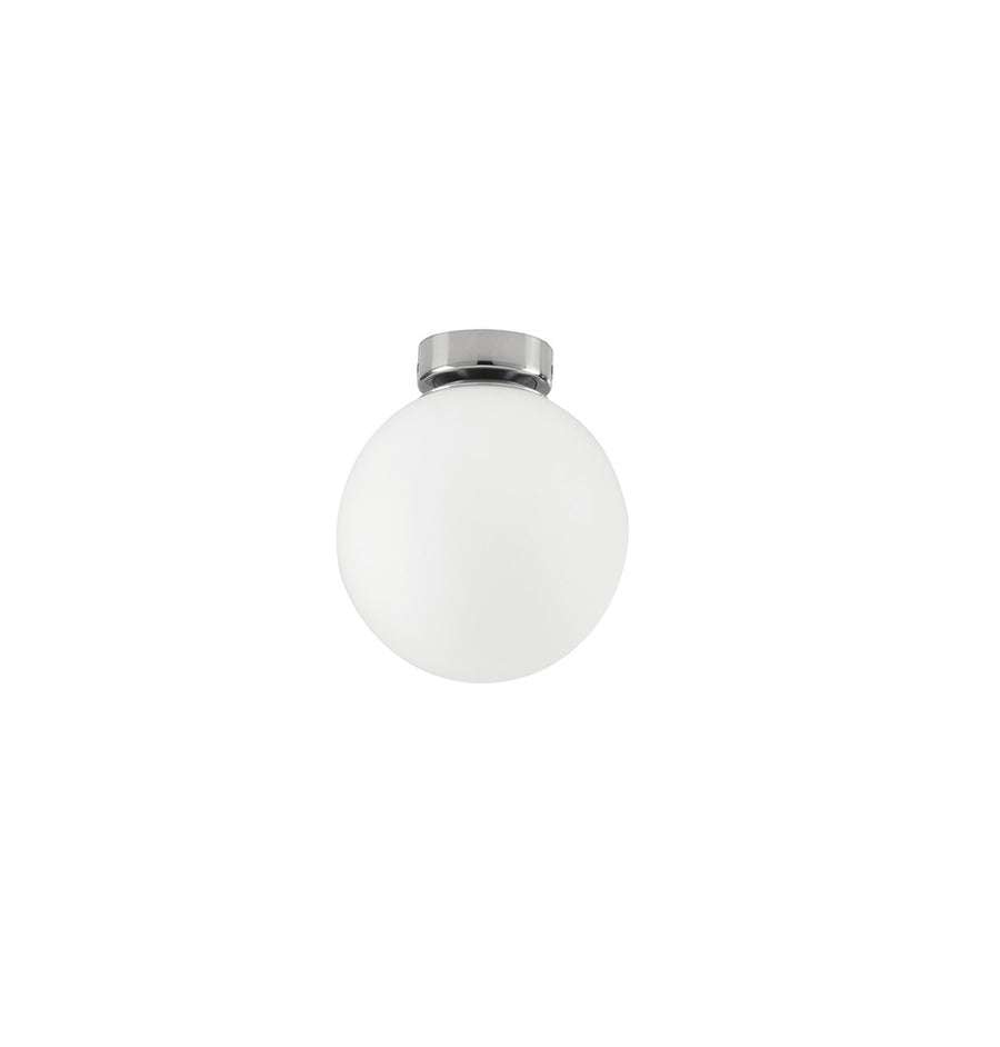 Produit de face : globe en verre opalin blanc monté sur une bague chromée