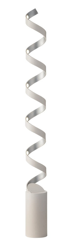 Vue de face sur fond blanc du lampadaire spiralé, ruban argenté et base cylindrique blanche.