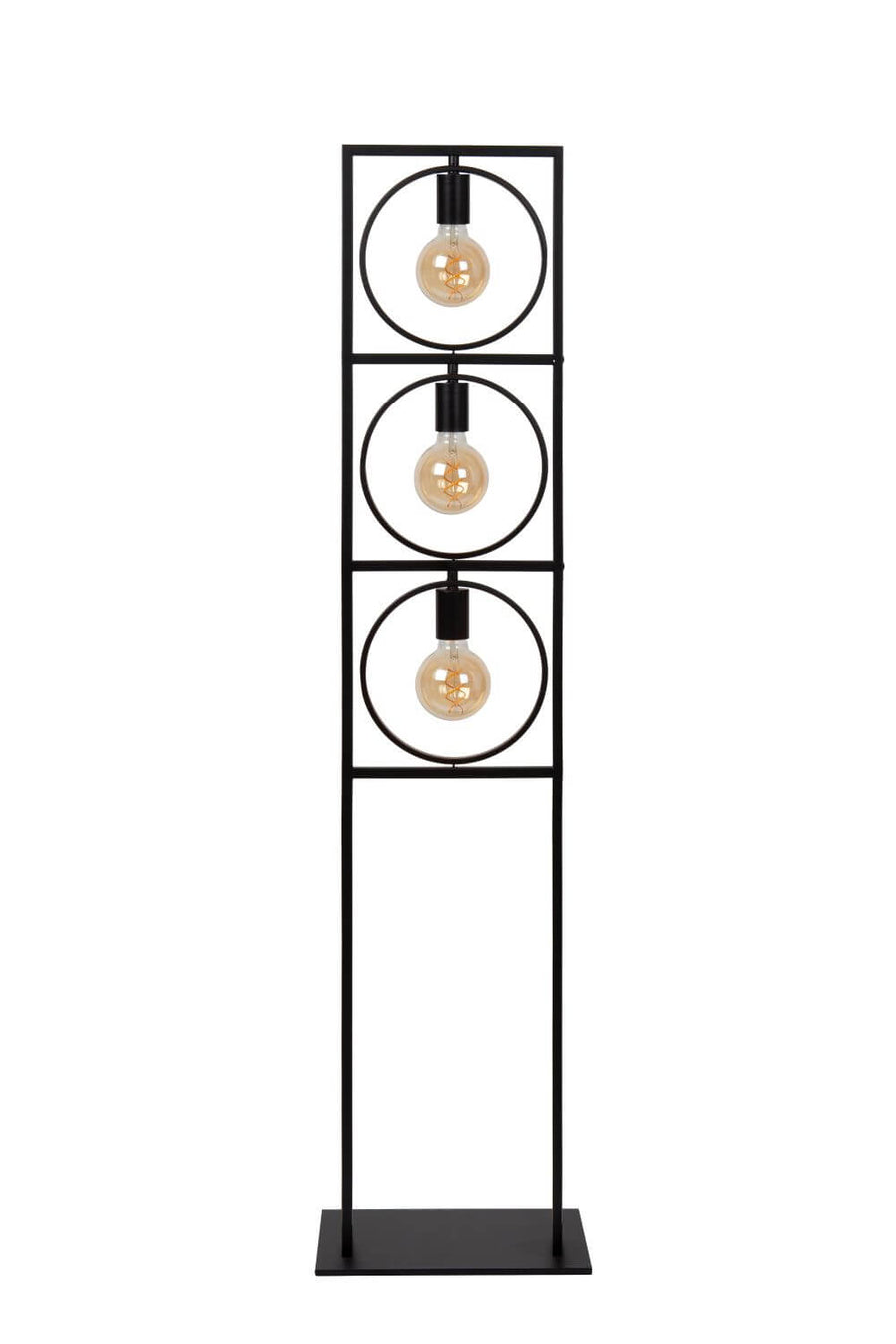 Vue frontale du lampadaire trois lumières, cercles noirs et ampoules dorées allumées