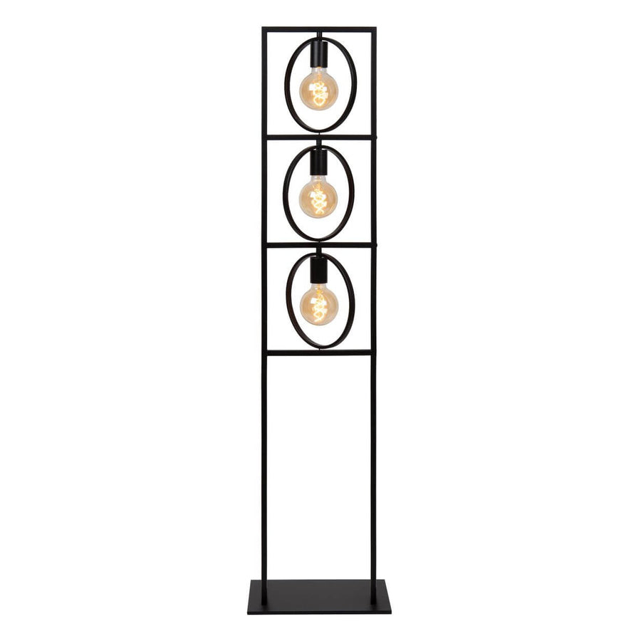 Vue plongeante du lampadaire, cercles apparaissant ovales, monture noire et ampoules