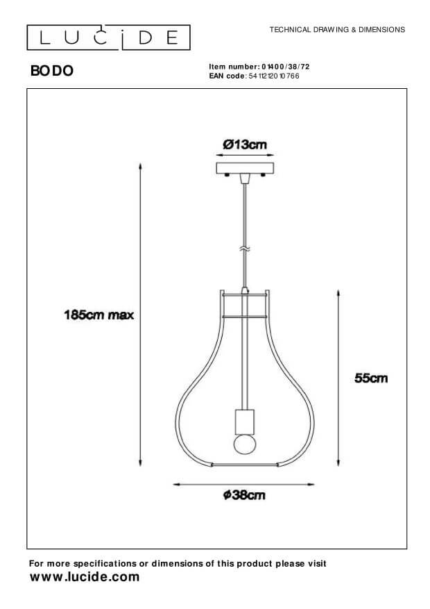 Schéma technique coté du luminaire avec dimensions, hauteur et diamètre.