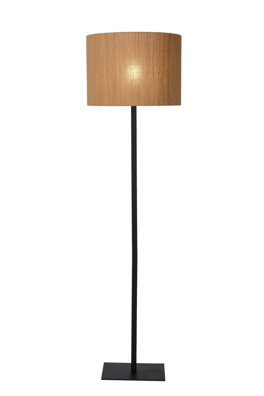 Produit de face sur fond blanc, abat-jour allumé, pied carré et tige noire.