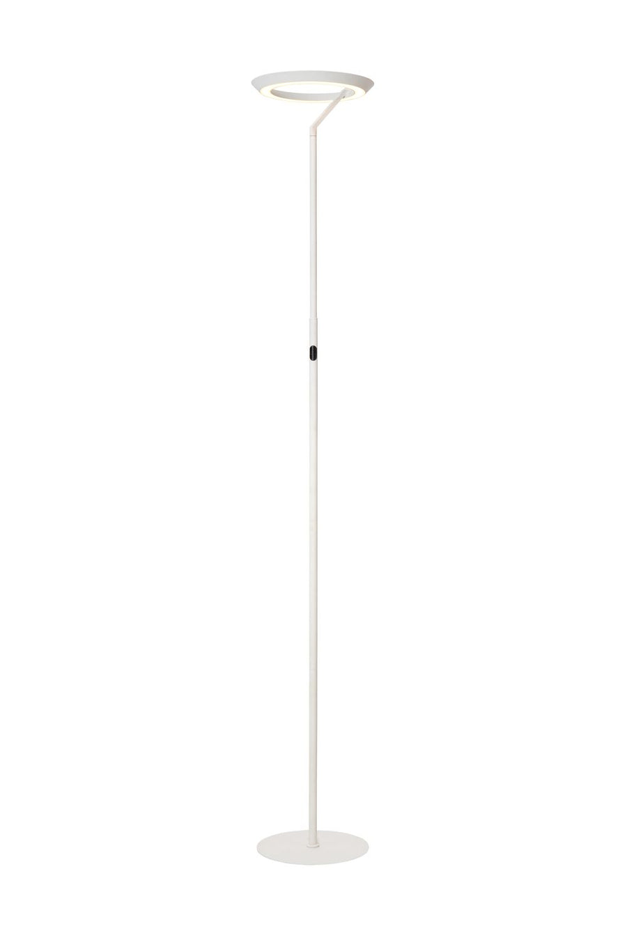 Lampadaire blanc entier présenté sur fond blanc, tête annulaire allumée