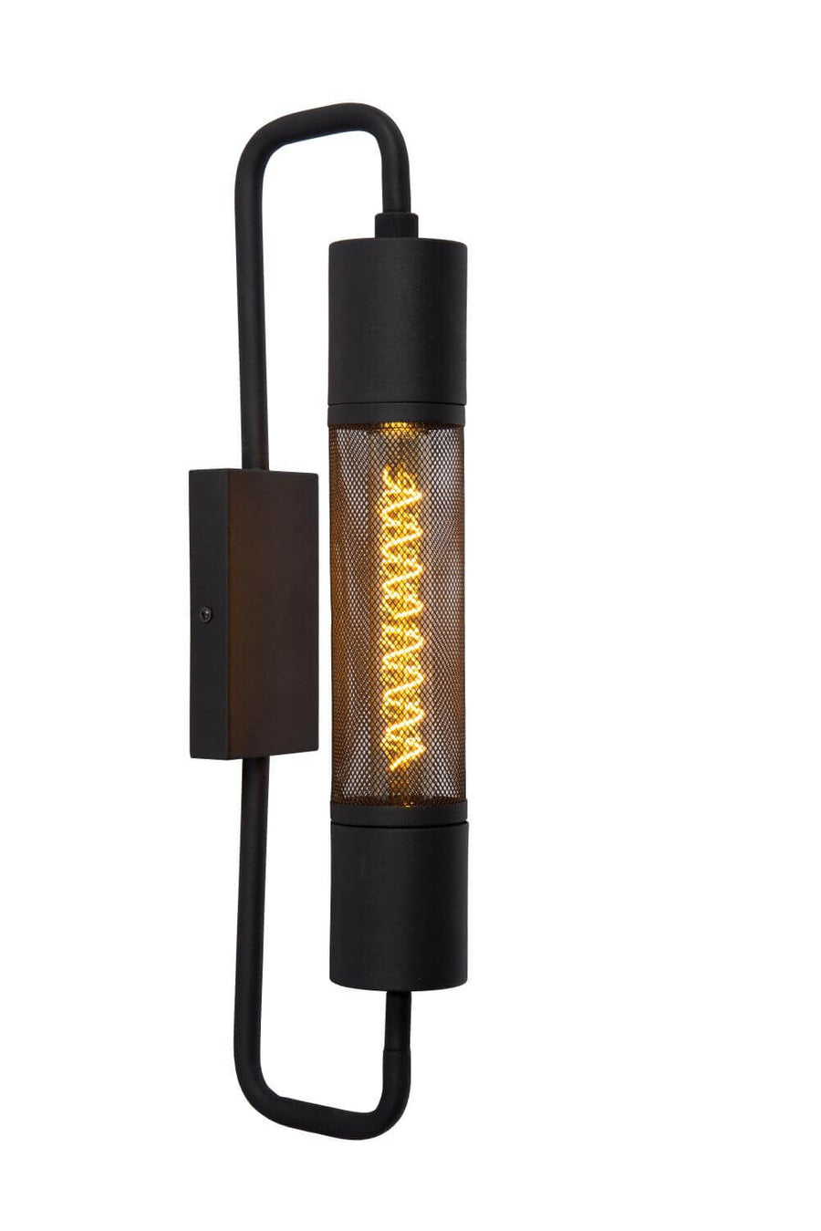 Produit de face sur fond blanc, applique noire avec cylindre grillagé et ampoule.