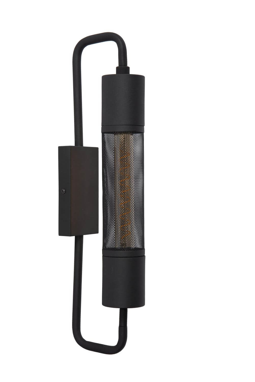 Face avant du luminaire noir, montrant la grille cylindrique et le filament lumineux.