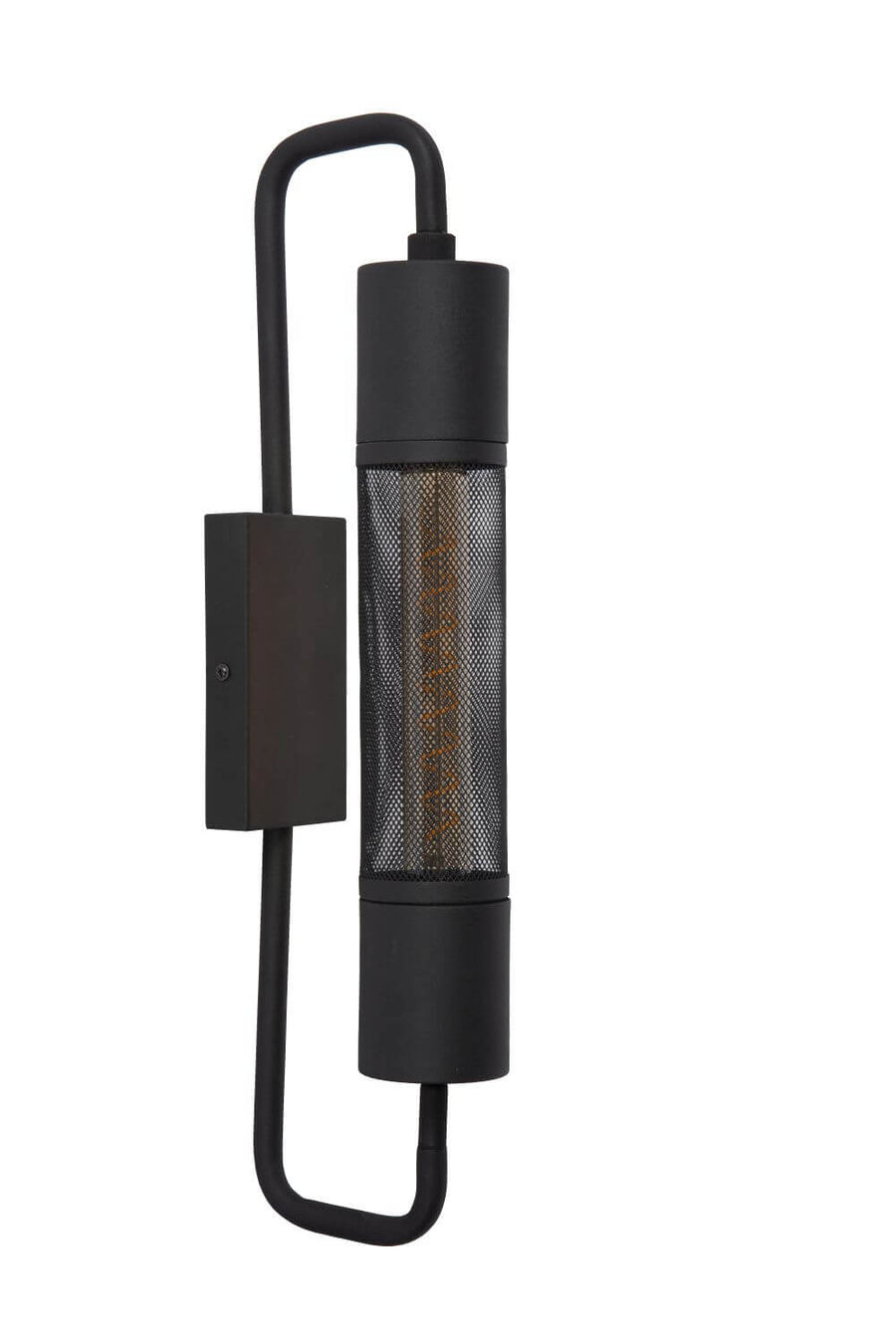 Face avant du luminaire noir, montrant la grille cylindrique et le filament lumineux.