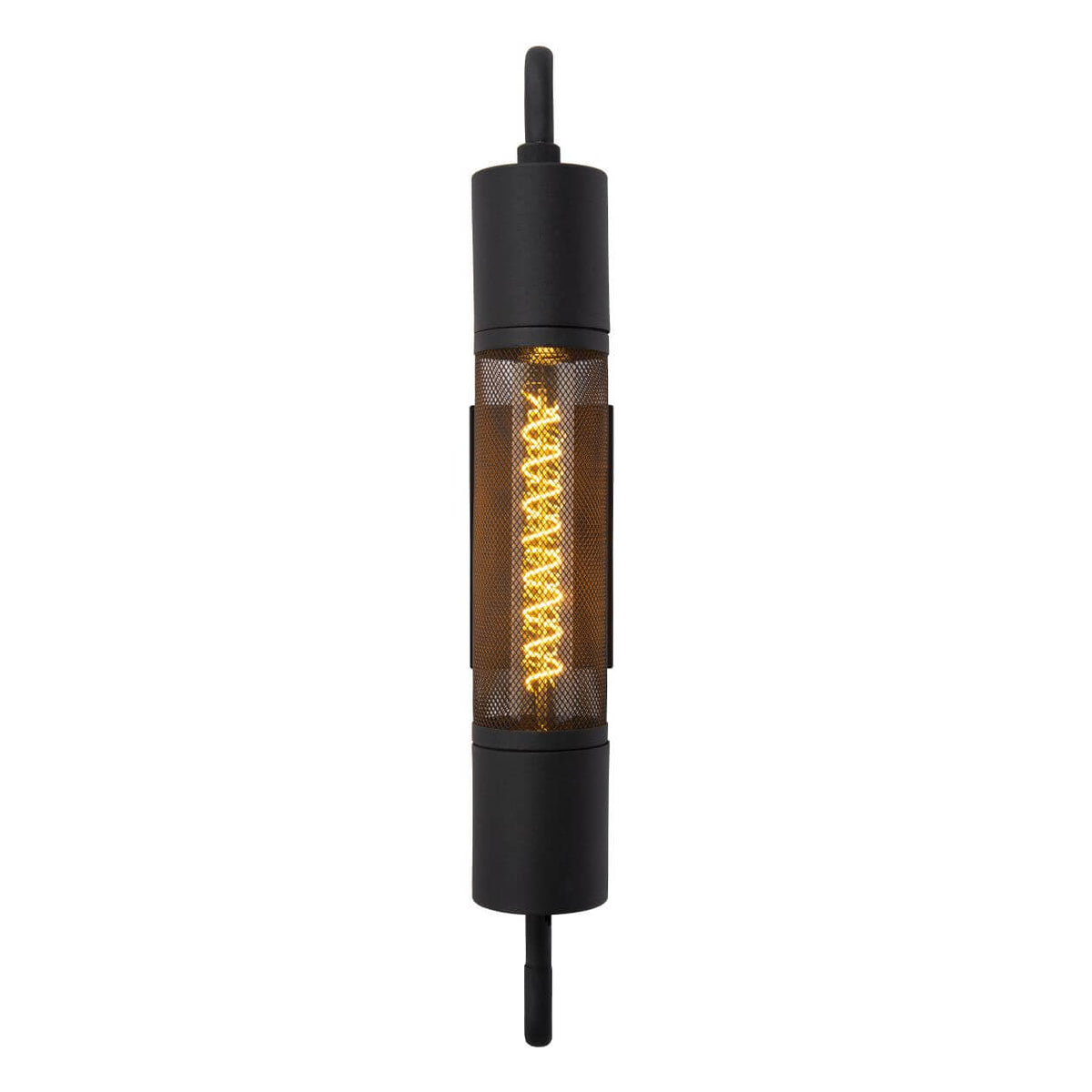 Détail du cylindre en grille métallique noire avec ampoule filament torsadée allumée.