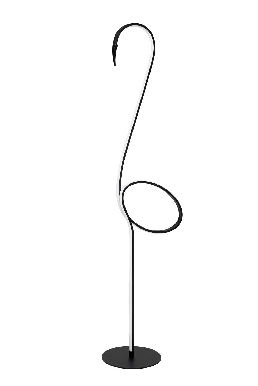 Vue de face sur fond blanc, lampe éteinte, structure noire recourbée en boucle