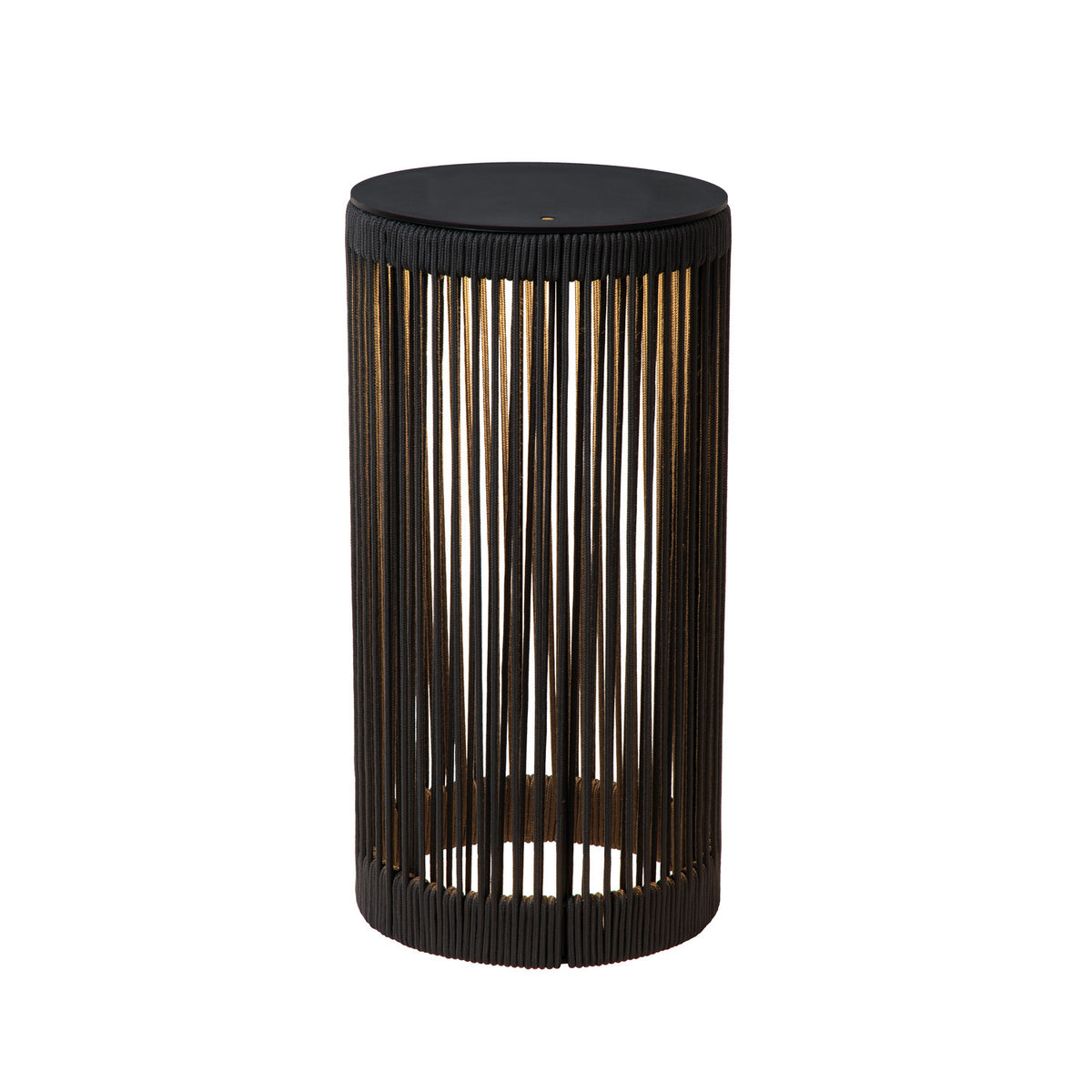 Lampe à poser cylindrique noire en cordes verticales, vue de face sur fond blanc.
