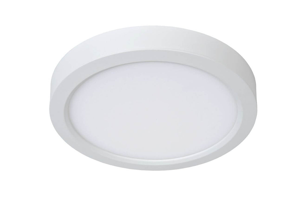 Face inférieure du plafonnier blanc éteint, cerclage extérieur et diffuseur laiteux