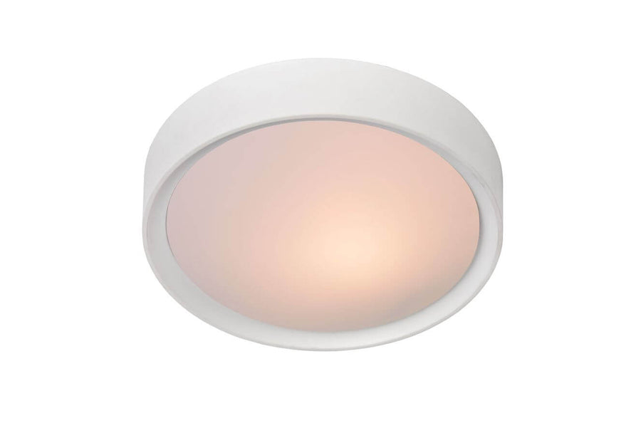 Plafonnier LEX blanc de face, éclairage chaud, sur fond blanc