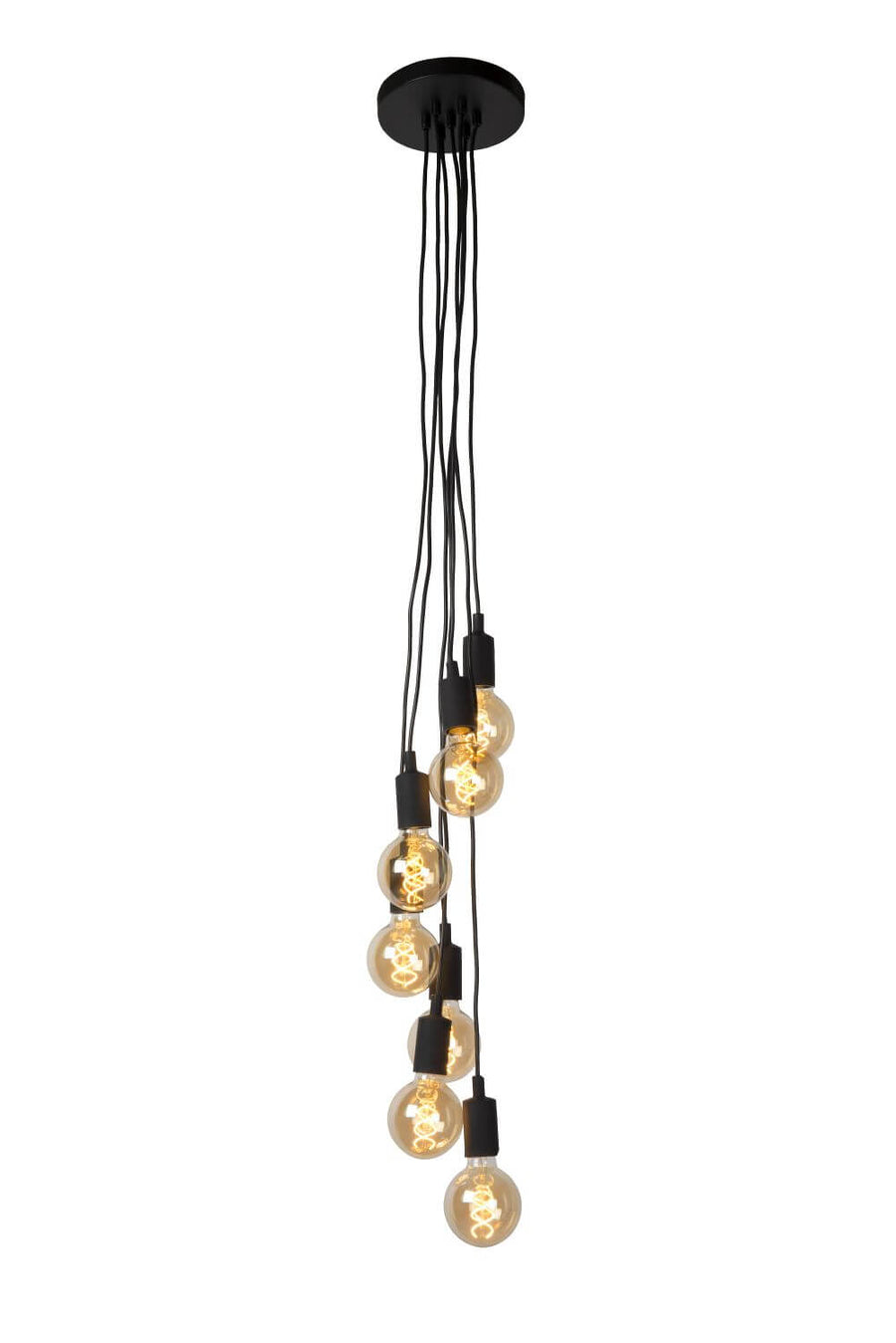Produit sur fond blanc, sept ampoules rondes suspendues par des câbles noirs