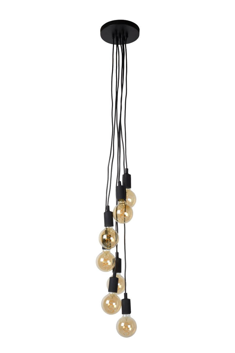 Autre angle du luminaire noir isolé, ampoules dorées allumées en cascade