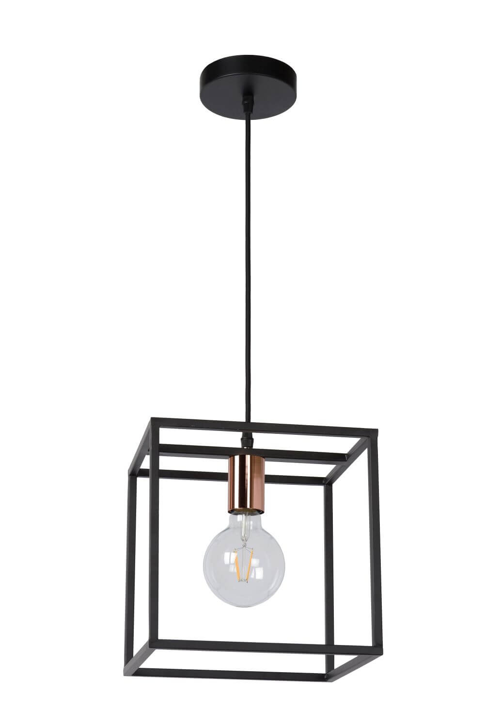Vue produit de la suspension noire, cadre carré ouvert et douille cuivrée
