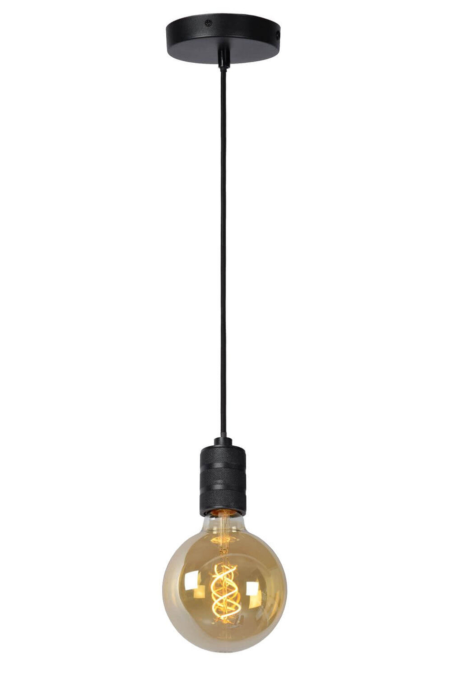 Vue de face sur fond blanc du luminaire suspendu noir