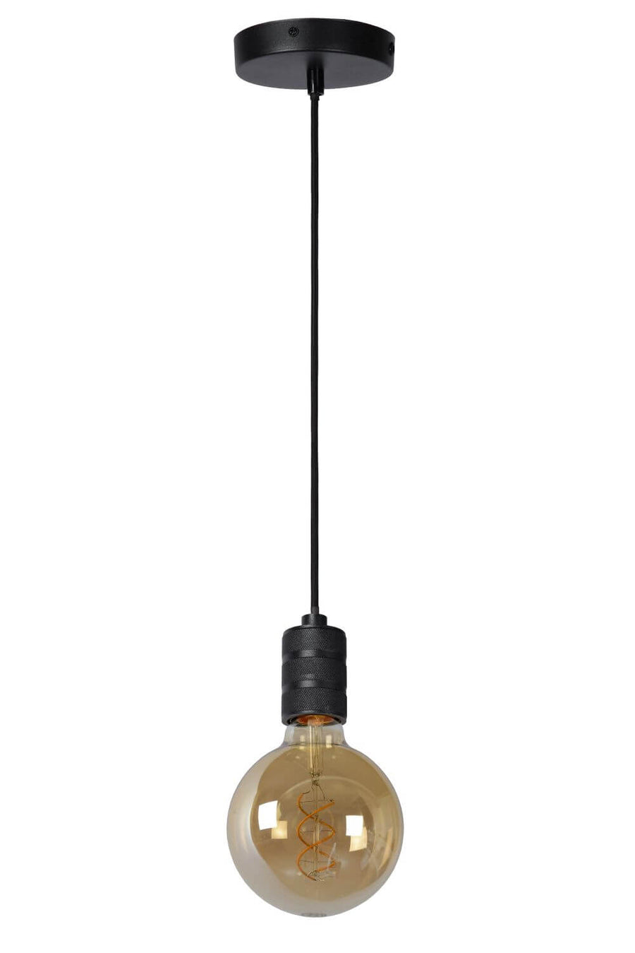 Second plan large de la suspension noire avec ampoule à filament