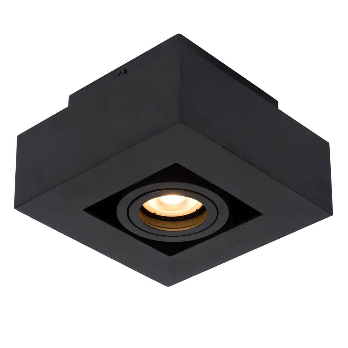 Vue en perspective du boîtier cubique noir avec spot lumineux orientable