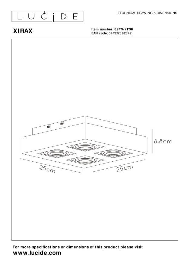 Schéma coté du plafonnier carré de 25 cm de côté et 8,8 cm