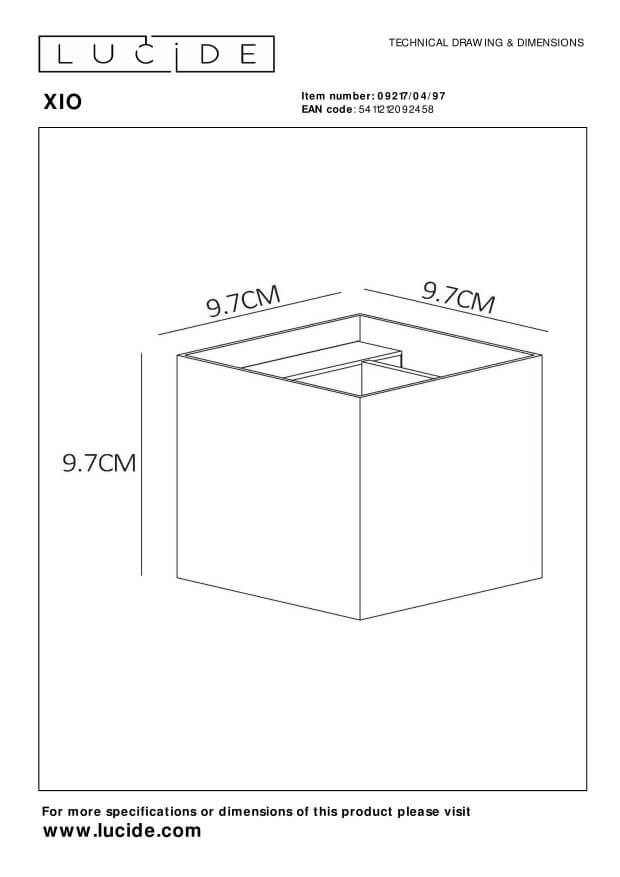 Schéma technique coté montrant un cube de 9,7 cm de côté