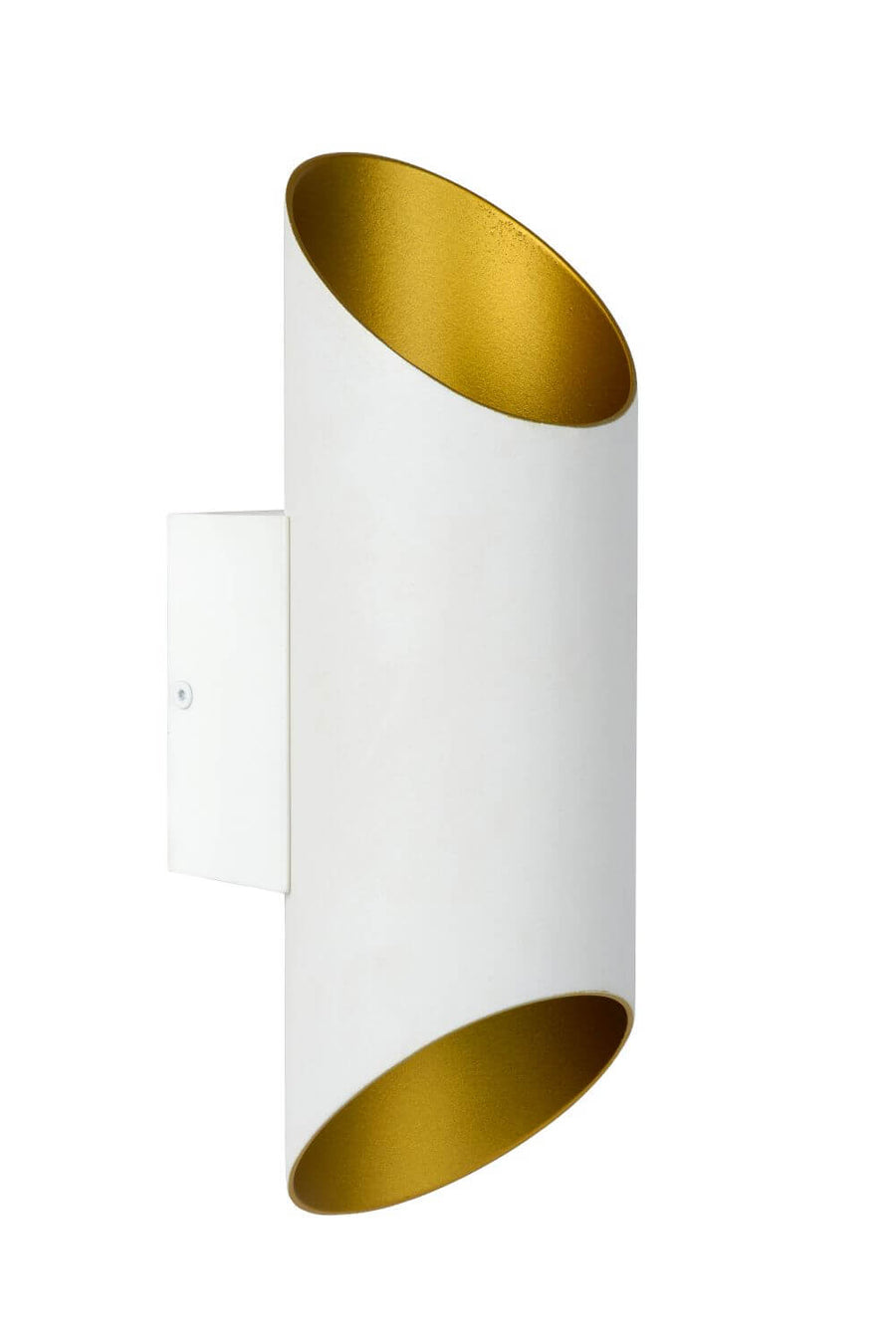 Autre angle du luminaire mural blanc, détaillant la platine de fixation et l'intérieur doré.