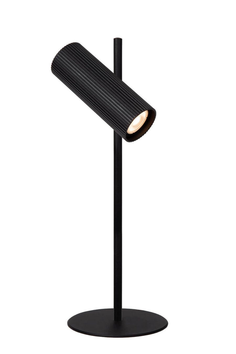Autre vue du luminaire noir, tête cylindrique striée inclinée et base plate