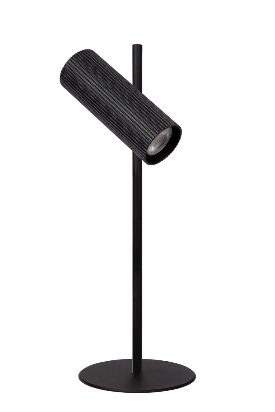 Lampe à poser noire en fonctionnement, tête cylindrique striée éclairée, base ronde