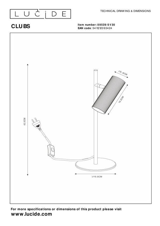 Schéma technique avec dimensions de la lampe, hauteur et diamètres indiqués