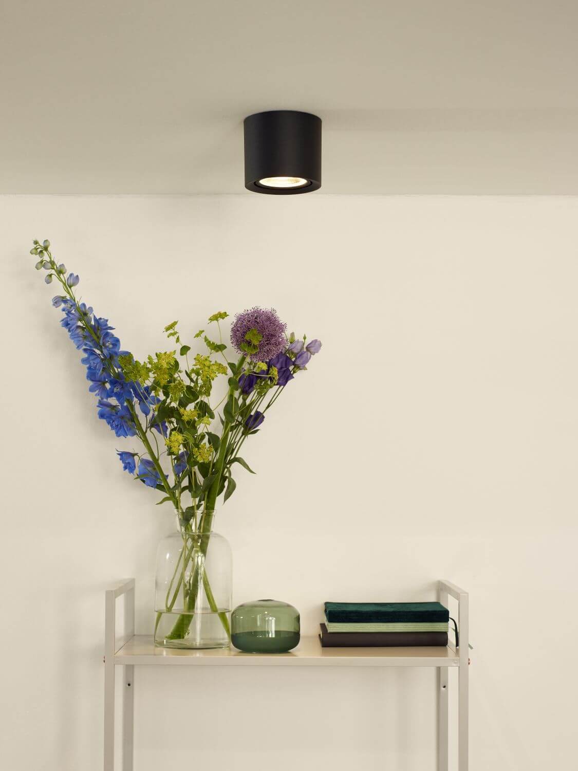 Plafonnier cylindrique noir fixé au plafond au-dessus d'une étagère avec vase de fleurs.
