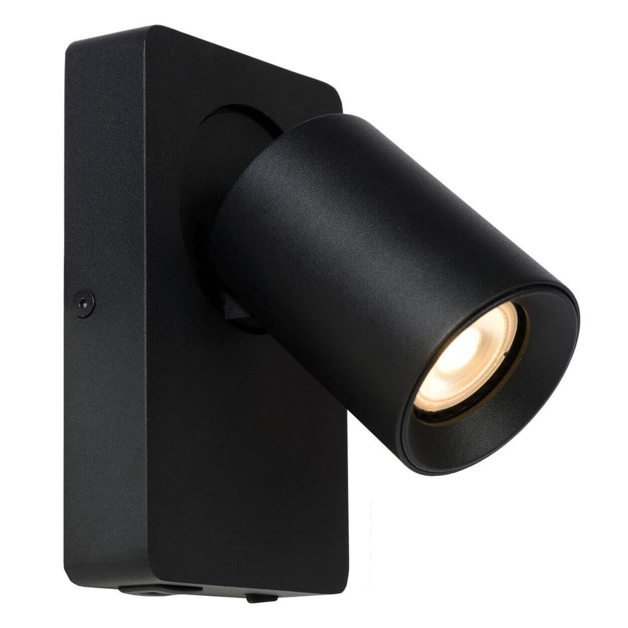 Produit de face, projecteur cylindrique noir orientable sur sa platine rectangulaire