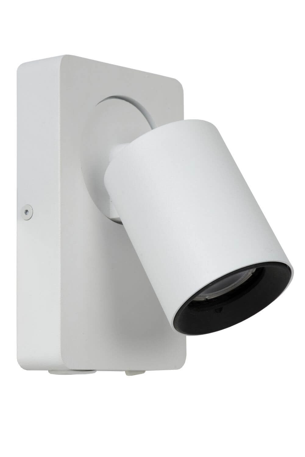 Vue latérale du luminaire mural blanc avec tête cylindrique inclinée.