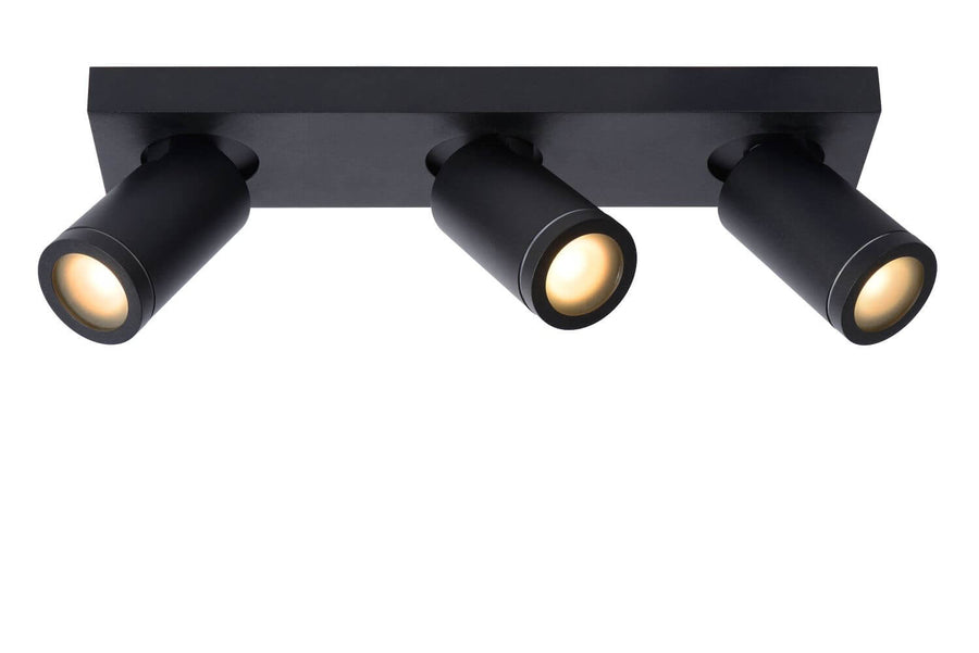 Produit isolé de face sur fond blanc, trois projecteurs cylindriques allumés