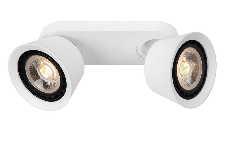 Vue rapprochée de face montrant les deux réflecteurs et ampoules LED allumées.