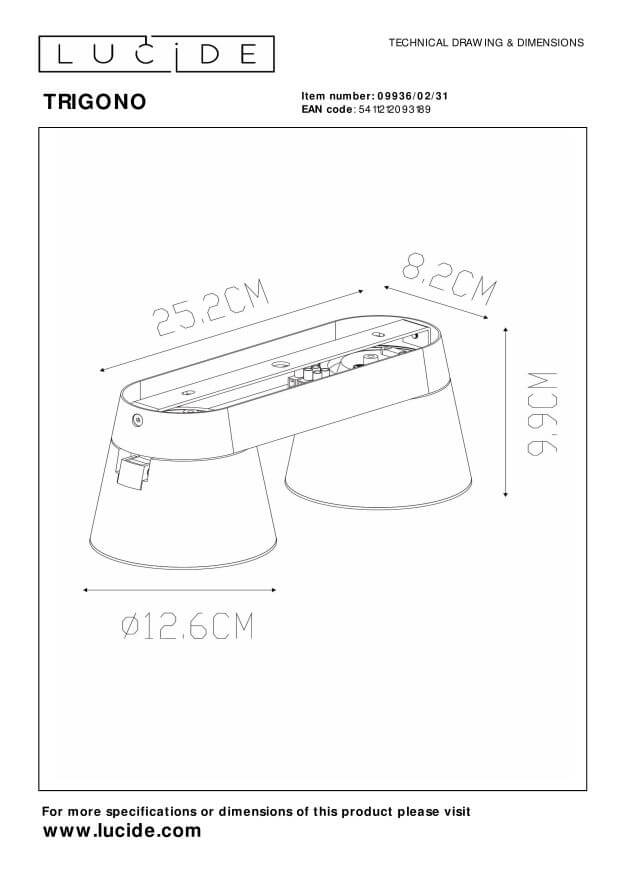 Schéma technique coté indiquant les dimensions du plafonnier et la base rectangulaire.