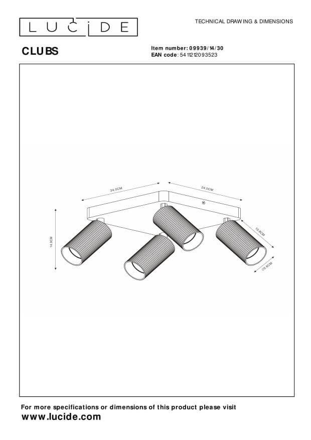 Schéma technique coté du plafonnier, avec dimensions de la base et des projecteurs cylindriques.